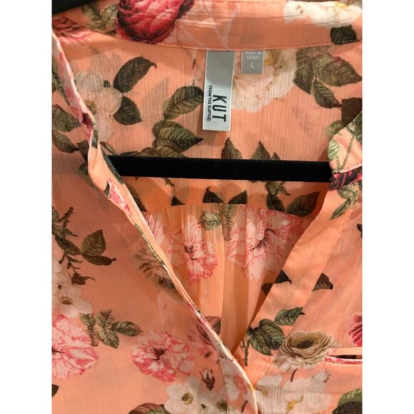 Kut from the Kloth Jasmine Chiffon Pink Floral Blouse Semi Sheer Roll Tab L 8-14 - Picture 2 of 4
